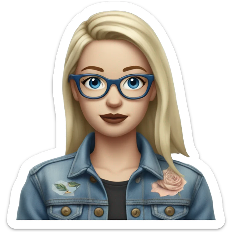Hyper Realistic pale beautiful tattooed 3D woman with glasses and blue eyes wearing denim jacket sticker