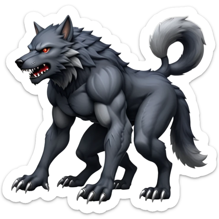 cinematic-noble-fierce-werewolf-full body on all fours-emoji, poised-and-imposing, with a tall, lean, and muscular wolfish frame inspired by the brutal, imposing shape of the beast from Berserk, fur rippling in shades of midnight black and silver, massive paws with razor-sharp claws, elongated limbs and fangs, eyes glowing with an intense, primal ferocity, reflecting the untamed power of the wild moonlit night; rendered with realism like a wolf hunched over sticker