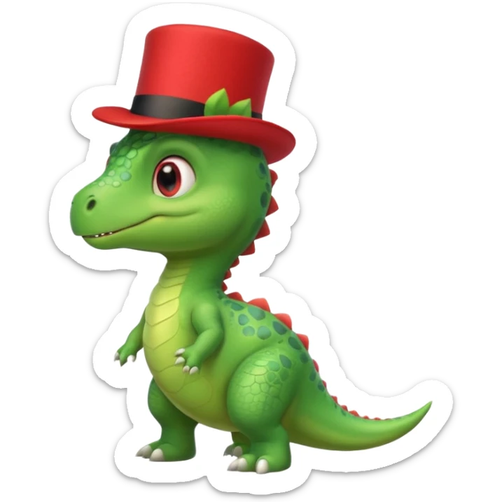 A side view of a very cute and adorable green anthropomorphic baby dinosaur with a red top hat sticker