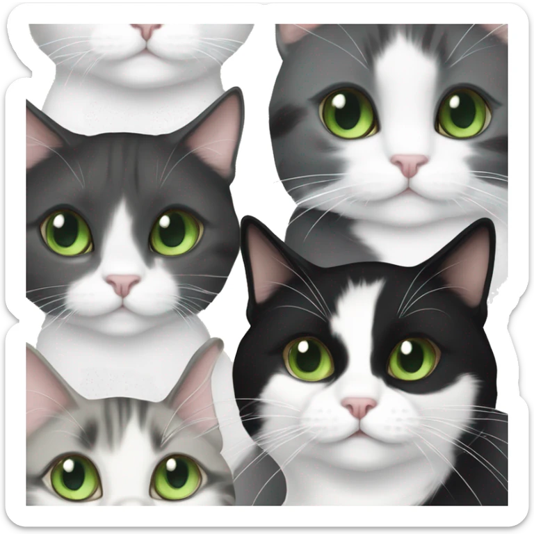 gray and white tuxedo cat with green eyes playing with long hair brown black and white calico cat with green eyes sticker
