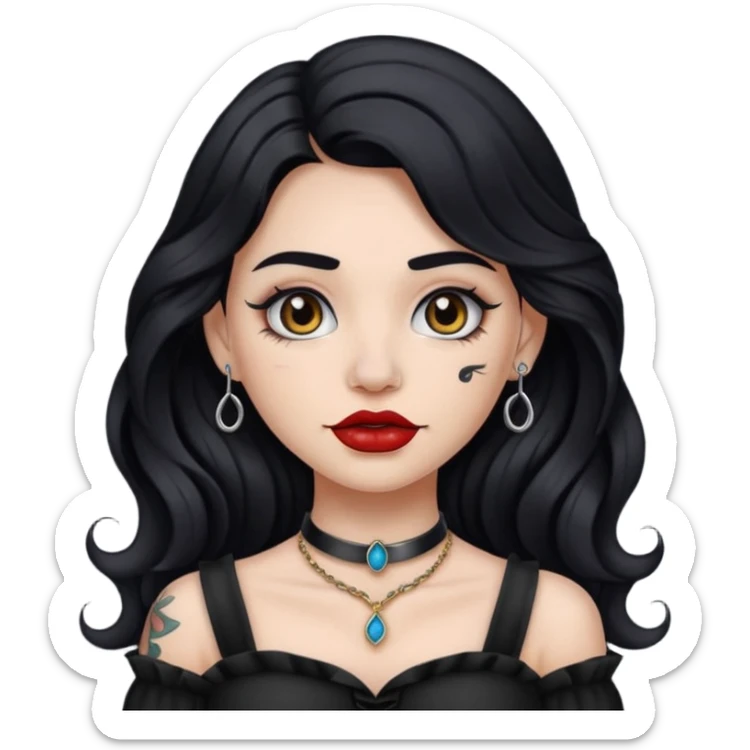 I want to create a female emoji with long black wavy hair and collar bone tattoo that says “me before you” and she has her nose pierced and black lip stick sticker