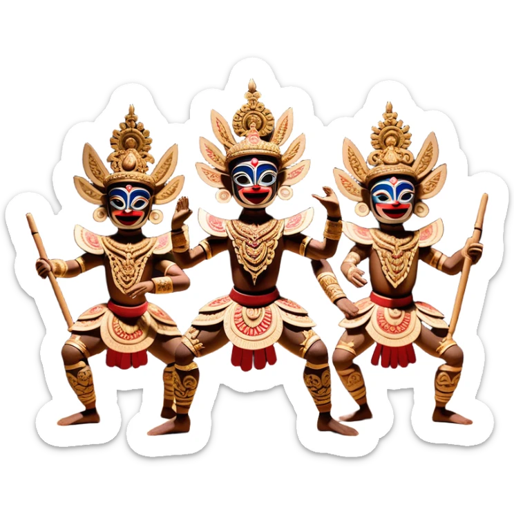 ​Cinematic Realistic Wayang Golek Ayun-ayun Dancers, depicted as intricately carved traditional wooden puppets in dynamic dance poses, adorned with vibrant painted details and expressive features, set against a softly lit stage that evokes centuries of Indonesian cultural heritage, rendered with lifelike textures and dramatic atmospheric lighting, sticker