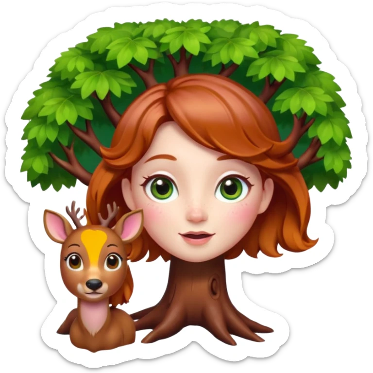 Style memoji iphone. Un petit sapin vert sylvestre, féminin, regard malicieux, tâches de rousseurs délicates, joues roses. Yeux de biche brillants en forme amande, yeux couleur ambre, tronc couleur acajou. Sapin en mouvement, incurvé pour un effet vivant. sticker