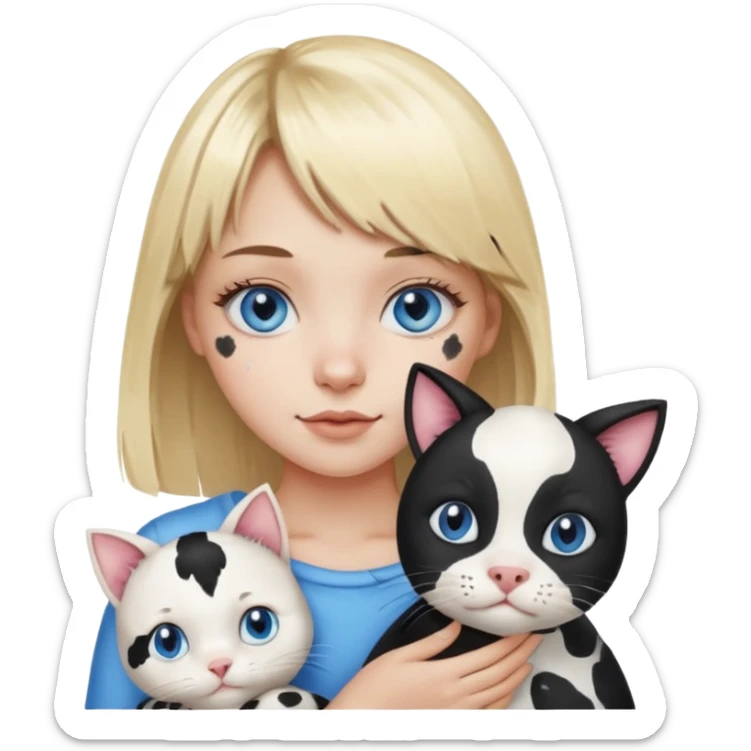 Cute cat black and white stain like a cow in the arms of a blond girl with bangs and blue eyes sticker