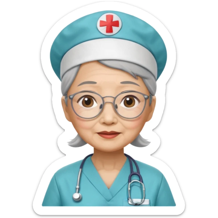 OLD ASIAN WOMAN WITH GLASSES, NURSE SCRUBS, CAP, NO HAIR SHOWING sticker