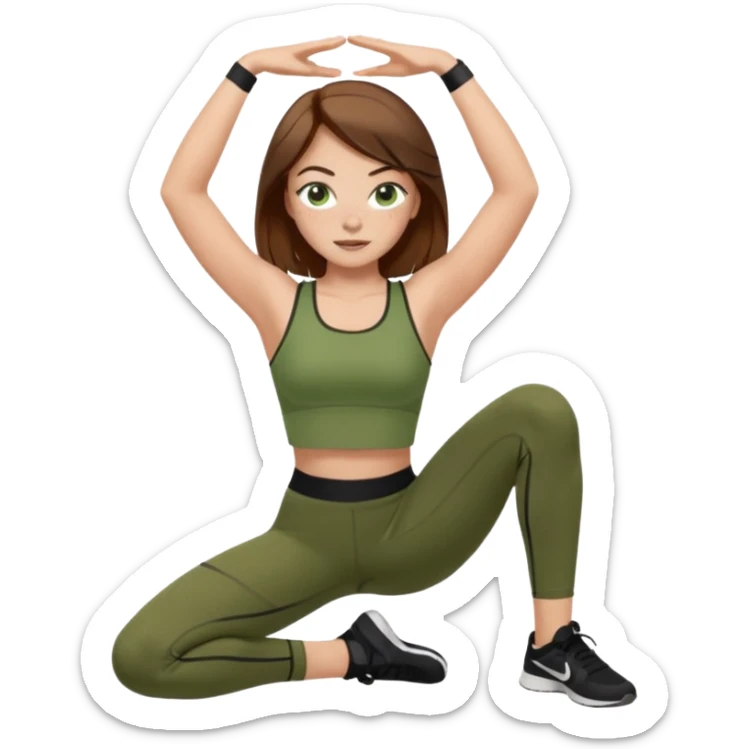 Girl with green eyes, brown hair that goes to her elbows, light skin, and freckles wearing an olive green crop top with black leggings working out, she has light gorgeous lashes sticker