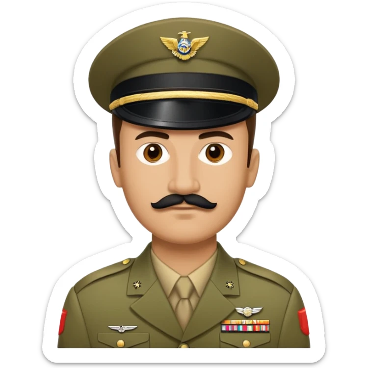 Military man with a very small black moustache. His hairline goes straight from left to right  sticker