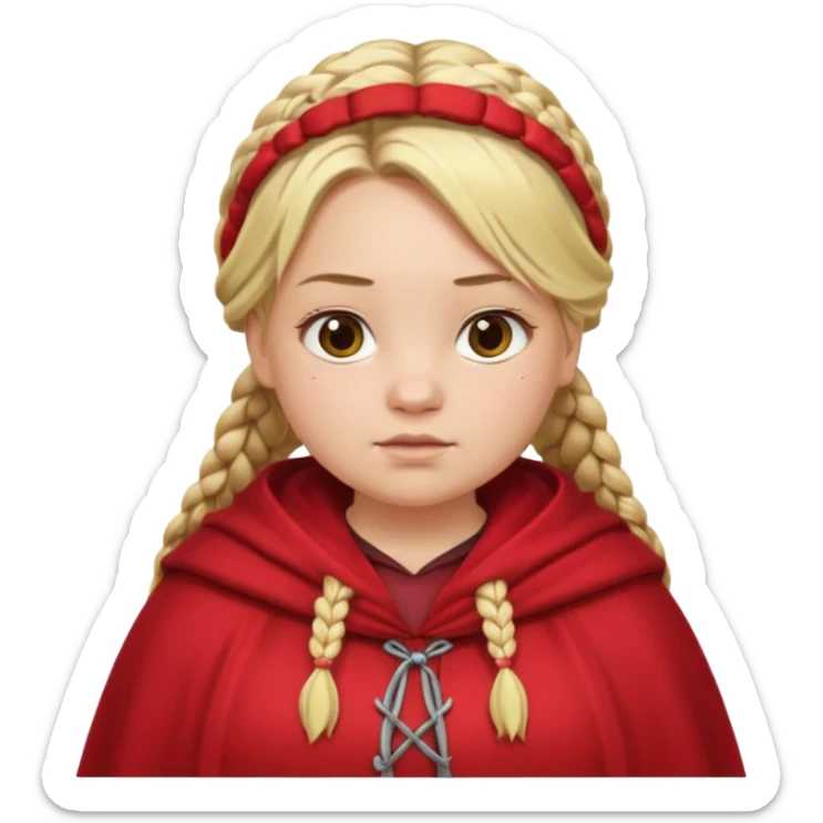 blonde braids hair kid girl, white skin, fat, wear red cloak sticker