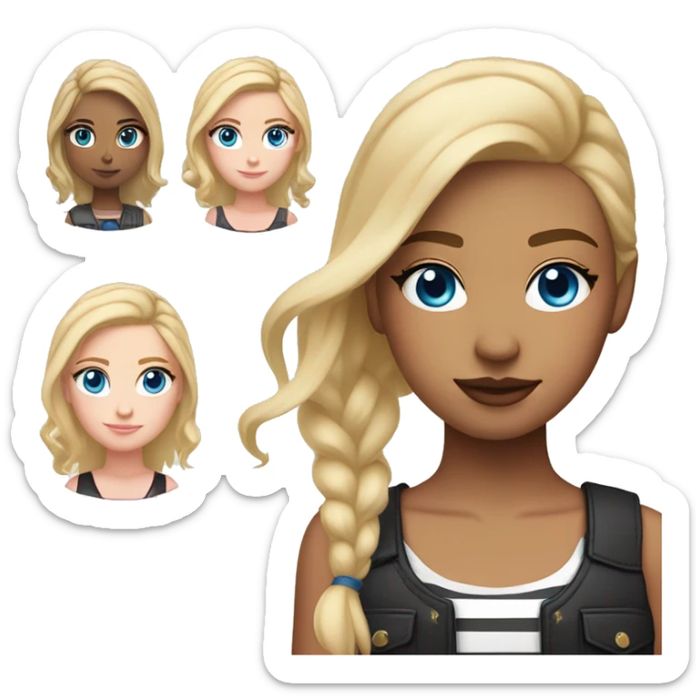 girl blonde and slightly red on the roots with blue eyes, light skin, pink blush with small arrows in a shirt and a black vest with small white stripes sticker