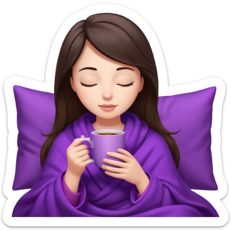 girl brunette inside a violet blanket sipping coffee from pink mug eyes closed iphone style sticker