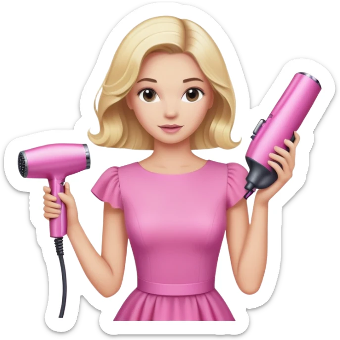 blonde woman in pink dress styling hair with a pink Dyson hairdryer sticker