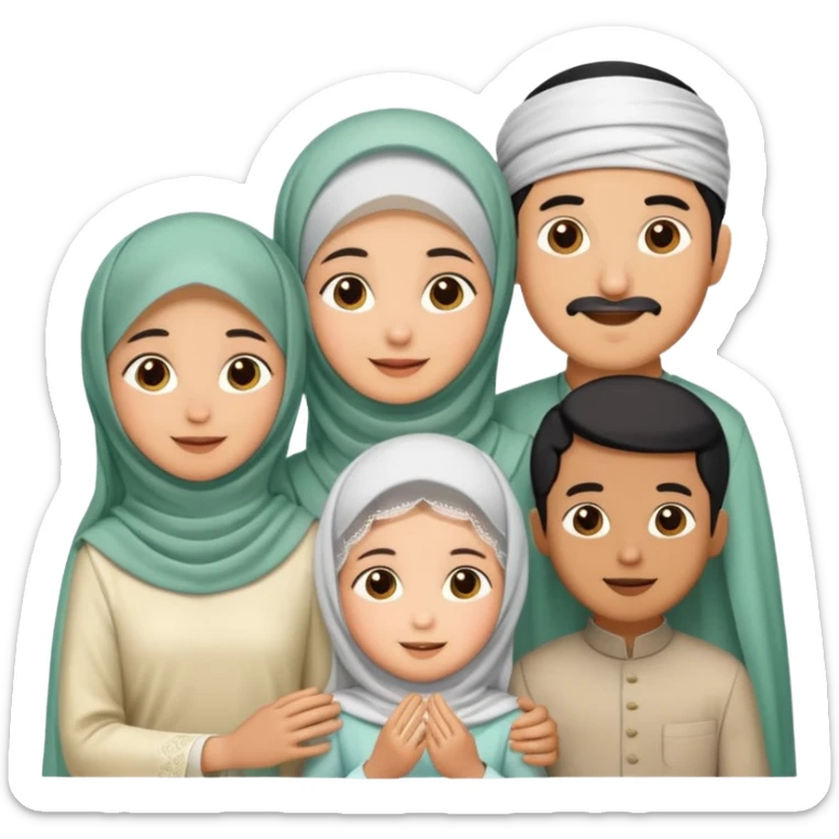 Lebaran. Keluarga terdiri dari Ayah dan ibu, 3 orang anak yang terdiri dari dua anak laki-laki dan seorang anak perempuan yang merupakan anak terkecil. Ibunya menggunakan cadar. sticker