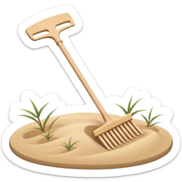 Minimalist emoji of a Japanese zen garden rake with four teeth, elegant thin lines, light wood tone, sand-beige palette, flat vector style, calm and balanced aesthetic, zen-inspired, transparent background, premium minimal design sticker