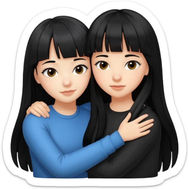 two teenage girls with long black hair, one with bangs, one with prominent lashes, hugging sticker