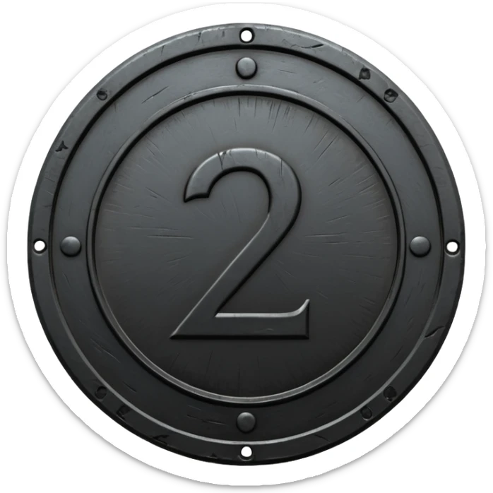 Minimal emoji, gothic metal coin made of black steel, engraved number 2 at the center, ancient industrial aesthetic, worn metal texture, no glow, no neon, flat emoji design, centered, transparent background sticker