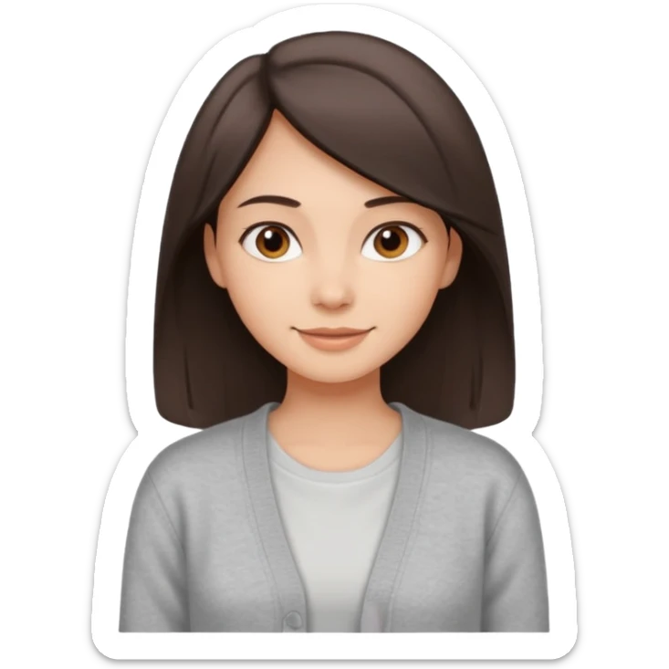 The girl has straight medium-length dqrk brown hair, light skin, wearing a white t-shirt and gray cardigan. Gentle smile, friendly neutral expression sticker