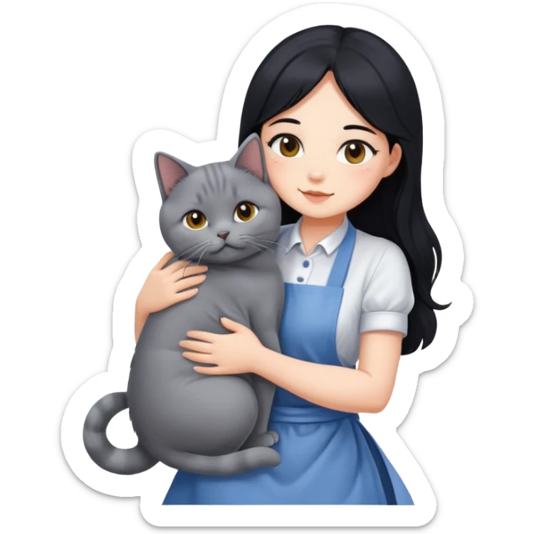 A beautiful girl with long black hair wearing an apron dress hugs a British Shorthair sticker