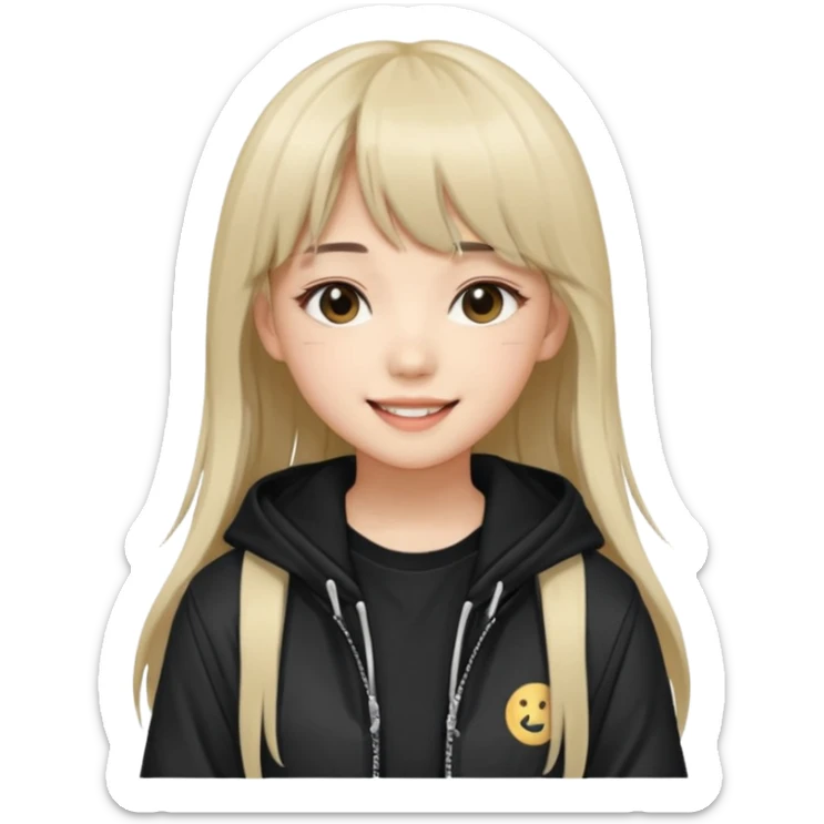 Portrait of a young female K-pop idol, wearing a stylish streetwear outfit with layered clothing, long hair with bangs, cool face sticker