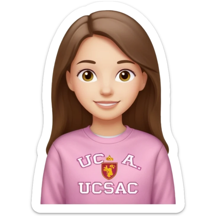 happy white long brunette hair girl with hazel eyes and in light pink sweatshirt with USC in white sticker