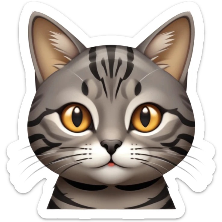 cinematic-cute-grey-and-black-brown-tabby-cat-portrait-emoji,-head-tilted-playfully-and-inquisitively,-sleek-grey-brown-fur-with-bold-black-tabby-stripes-and-a-distinctive-m-shaped-marking-on-the-forehead,-sparkling-amber-eyes,-simplified sticker