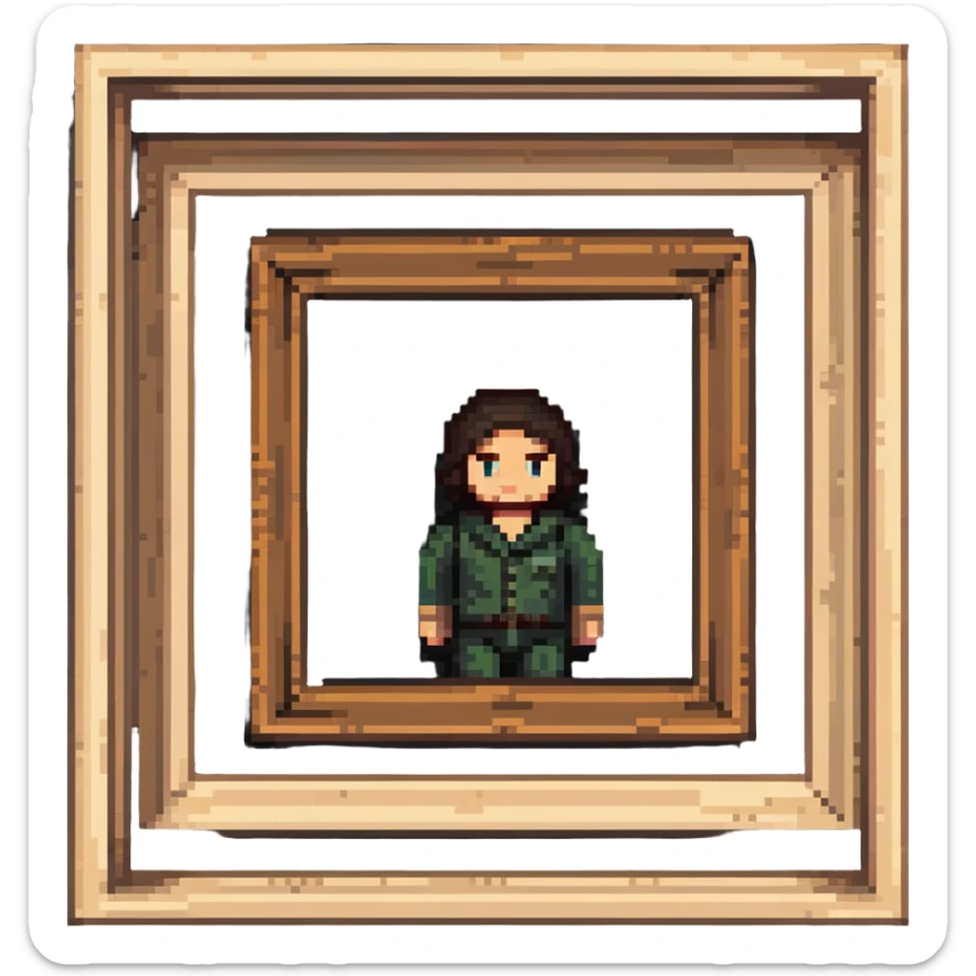 A pixelated portrait of a man in a wooden picture frame sticker