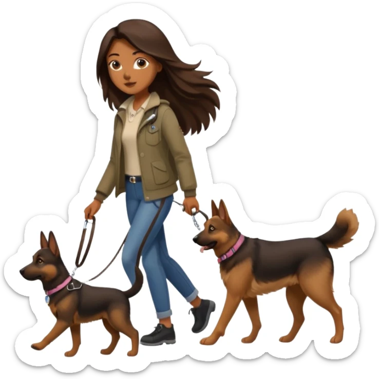 a girl with a brown dark long long hair, she's walking her dog is a german shepard sticker