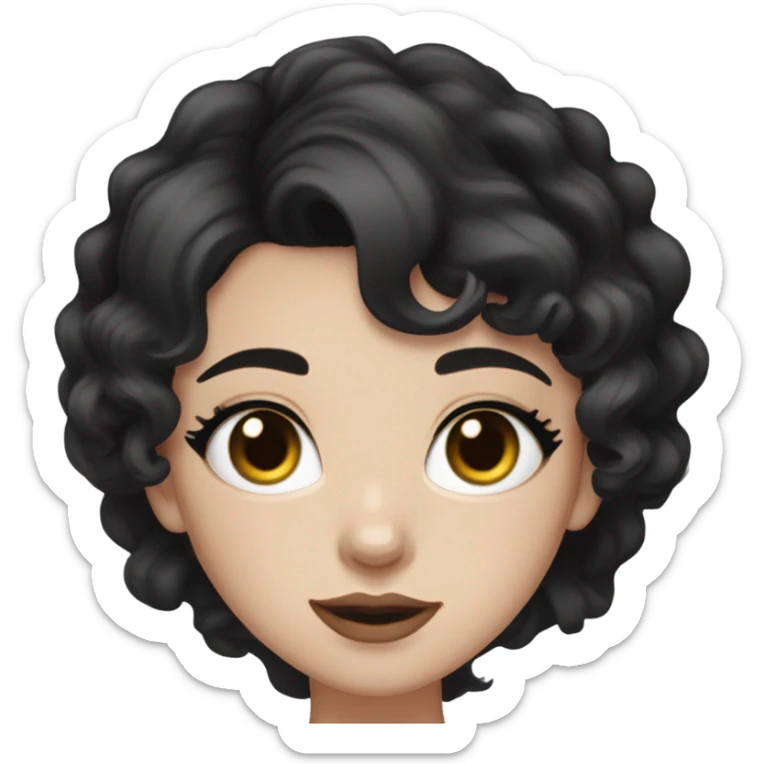 Pale girl,Black wavy hair and silk,dark brown eyes with korean eye liner,cat eye,mature,black short crop top, sticker