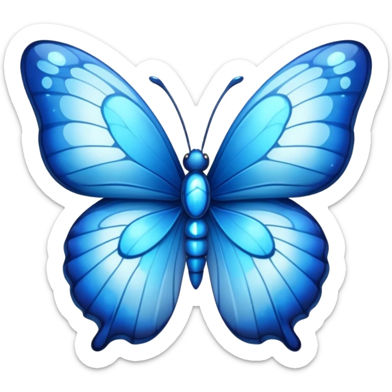 Cinematic Realistic Cute Blue Butterfly Portrait Emoji, Head tilted playfully and inquisitively, featuring beautifully patterned sapphire wings with intricate venation and a charming, petite body with round, sparkling eyes full of gentle curiosity, rendered with lifelike detail and warm natural highlights, high shine, affectionate and spirited, styled with a touch of whimsical garden magic, soft glowing outline, capturing the essence of a mischievous yet lovable blue butterfly that seems ready to flutter playfully into your arms! sticker