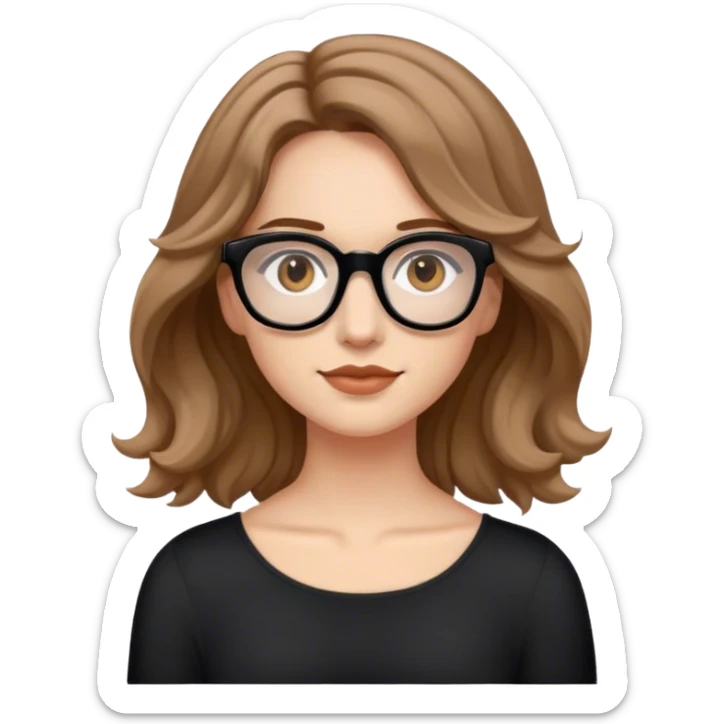 joven mujer de cabello por los hombros ondulado castaño claro, ojos marron, blanca, con gafas negras  sticker