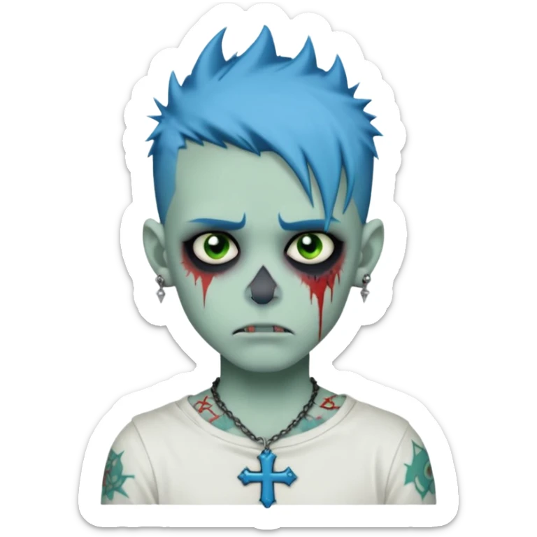 zombie boy with spiky emo blue hair and white shirt , tattos, a risk on the eyebrow, earings,  a necklace with a cross, green skin emoji  sticker