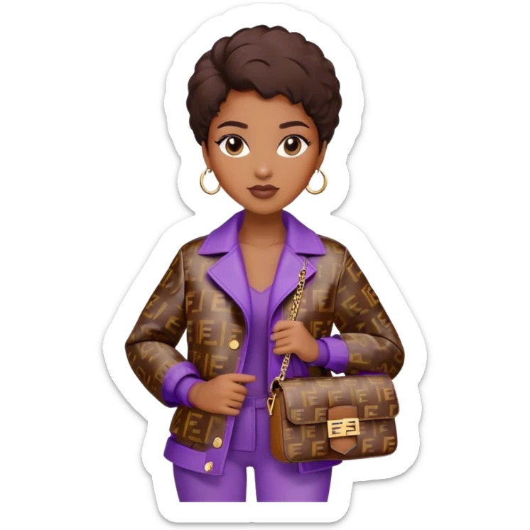 Beautiful black woman wearing a brown monogram Fendi jacket and carrying a purple Fendi baguette bag. I want the image to start at her head and end at the waist sticker