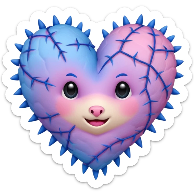 Stitched soft rose-thorny barb-wired patched up furry pastel pink-violet-blue-gradients heart sticker