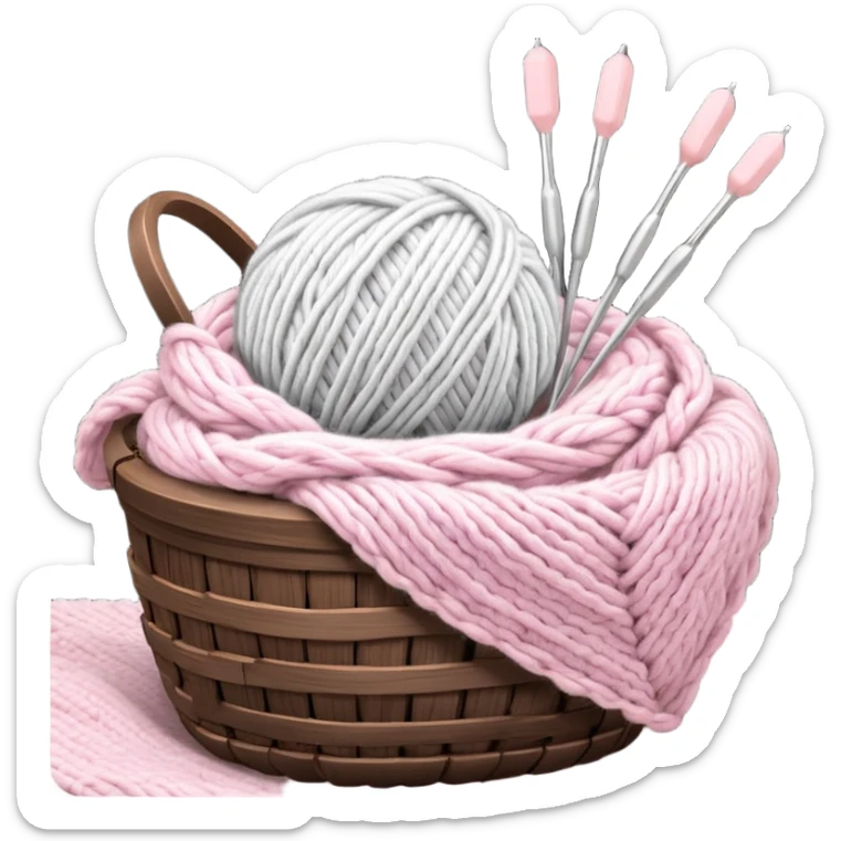 detailed, hyperrealism, still life beautiful ball of chunky white to light pink color wool, placed in a dark wooden basket, with other types of wool, to knit a blanket  metallic silver kitting needles. Transparent background. sticker