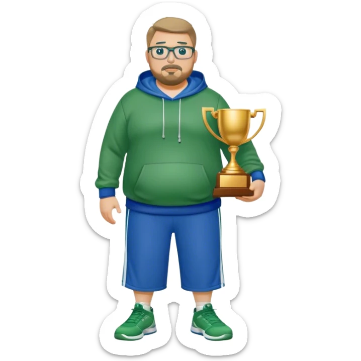 full body white obese male basketball coach with trophy. Goatee , Wearing glasses and blue and green hoodie and khaki pants sticker