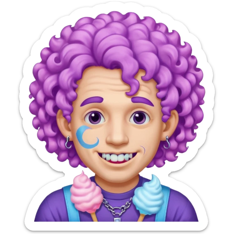 very colorful puffy violet curly haired man made out of cotton candy wearing teeth-braces and excessive face tattoos just face  sticker