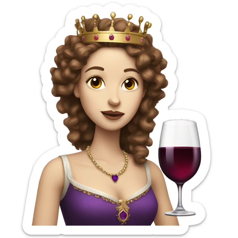 Queen with a purple crown, pale skin, long brown curly hair, drinking wine  sticker