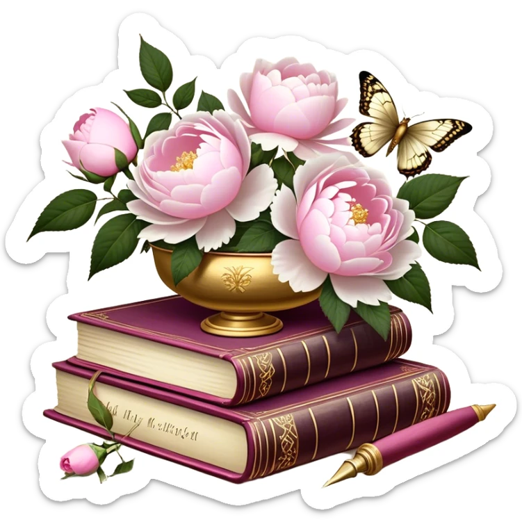 A vintage silk-bound poetry book, its cover embossed with golden floral motifs of pink roses and white peonies, resting on an antique writing desk with an ivory quill and a pearl butterfly sitting lightly on the book’s pages.
 sticker