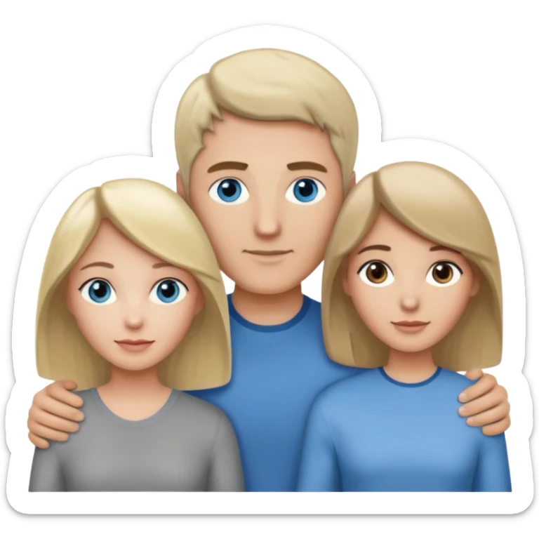 3 people. Throuple. Blank woman with blond hair and blue eye color on left. And also a blank man with brown hair and grey eye color in the middle. And a blank woman with brown hair and grey eye color on the right. Holding each other sticker