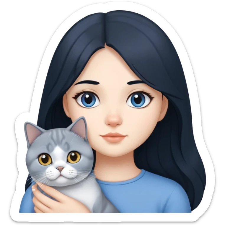 A girl with long black hair is holding a blue and white British shorthair sticker