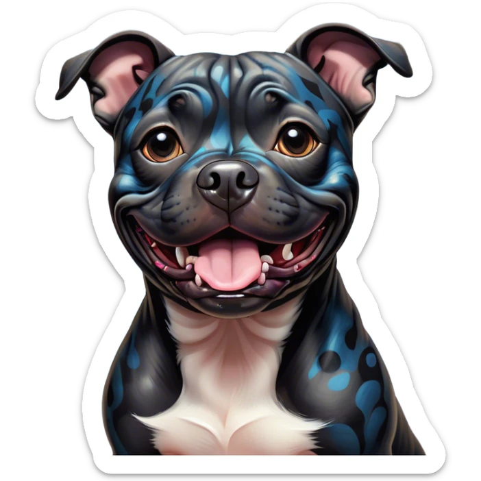 Cinematic Comical Black/Brindle Staffordshire Bull Terrier Portrait Emoji, Head tilted dramatically with an exaggeratedly amused expression, featuring a striking Fur with bold black and brindle patterns, wide, expressive dark eyes filled with playful disbelief, Simplified yet hilariously expressive features, highly detailed, glowing with a slightly sassy glow, high shine, dramatic yet playful, stylized with an air of cheeky mischief, bright and endearing, soft glowing outline, capturing the essence of a spirited and over-the-top guardian, so meme-worthy it feels like it could side-eye its way into internet fame instantly! sticker