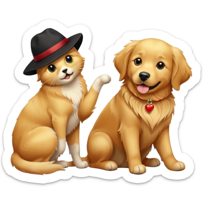 Golden retriever y gato negro siendo mejores amigos sticker
