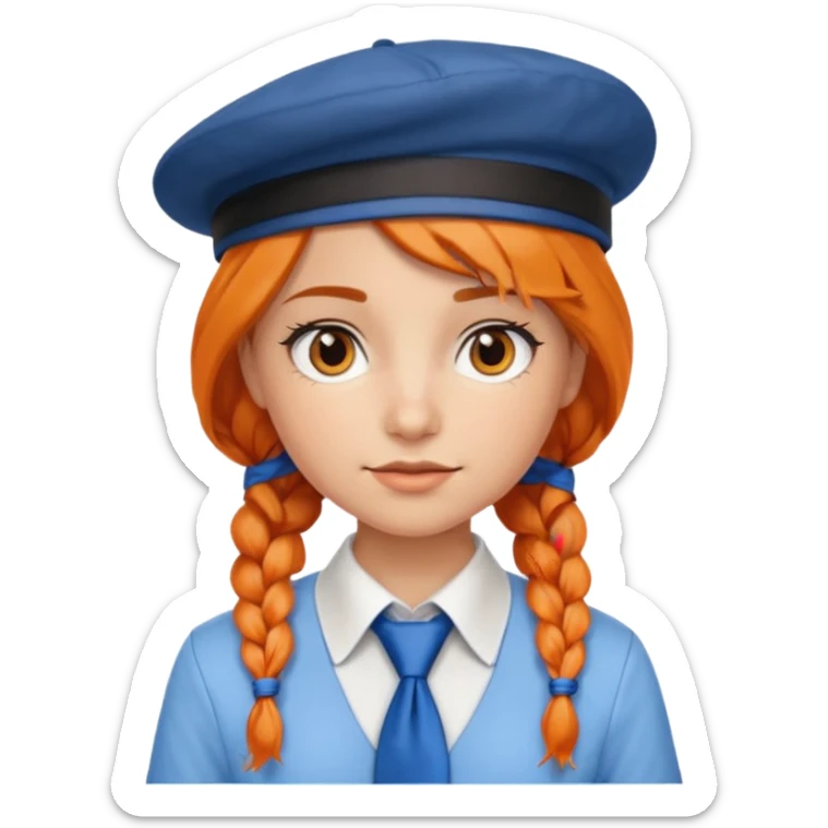 orange braided hair girl, wearing white shirt, Blue Necktie, and a brown berret Hat sticker