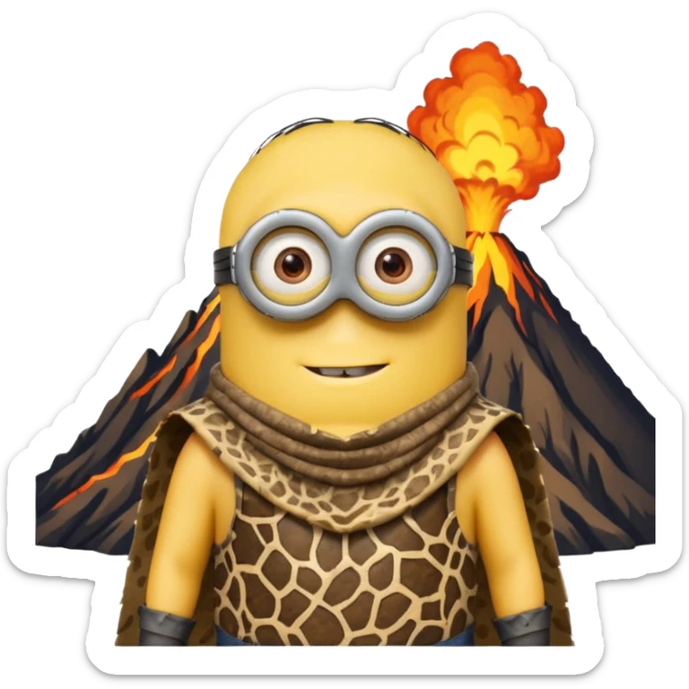 a minion wearing ancient animal skin cloth with volcano behind, half body, icon sticker