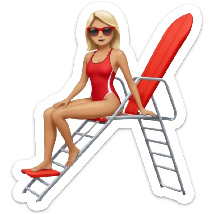 Female lifeguard – red swimsuit, sunglasses, sitting on tall lifeguard chair. sticker