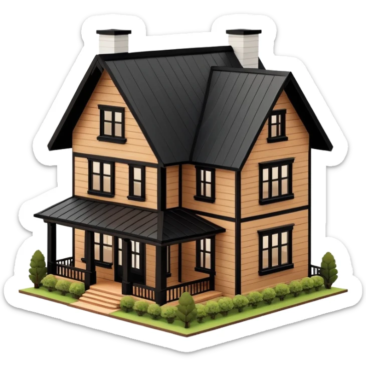 brown wooden modern farmhouse with black trim exterior, isometric dollhouse-style, highly detailed  sticker