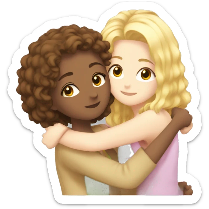One girl withe brown curly hair and another girl with straight blonde hair hugging each other anime  sticker