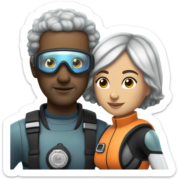 40 year old woman with light brown skin and short curly black hair, holding the hand of a 50 year old white man with short gray hair, both people dressed in snorkel gear sticker