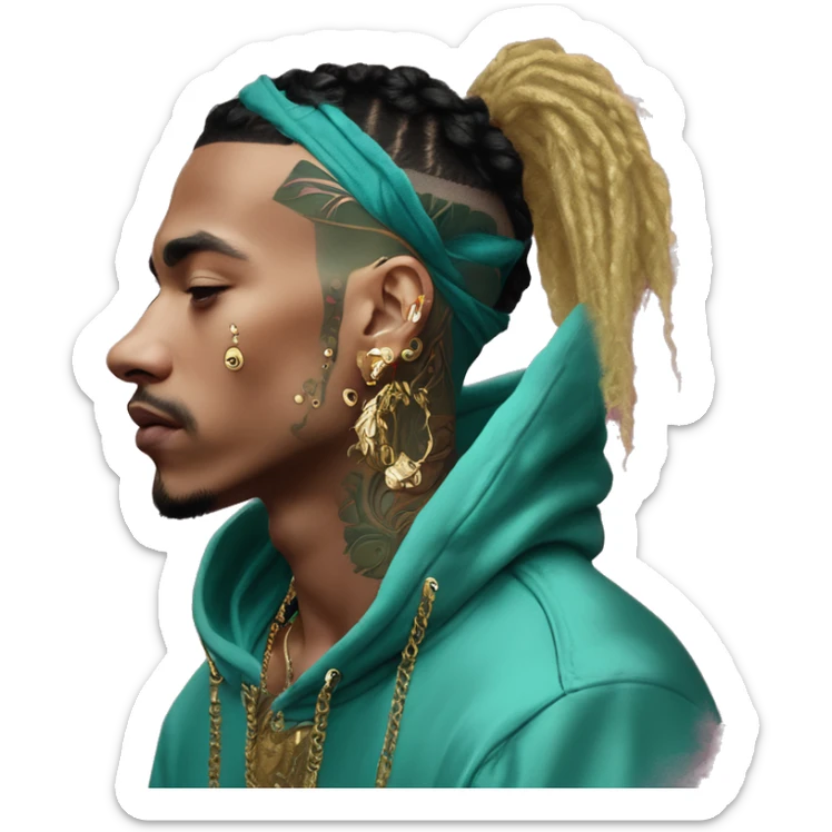 Vintage patina intricate swirls gold jewellery baroque golden raven tropical Deep pink maroon burgundy cyan dark hoodie man vitiligo dyed hair gold piercings nose piercing ear piercings sticker