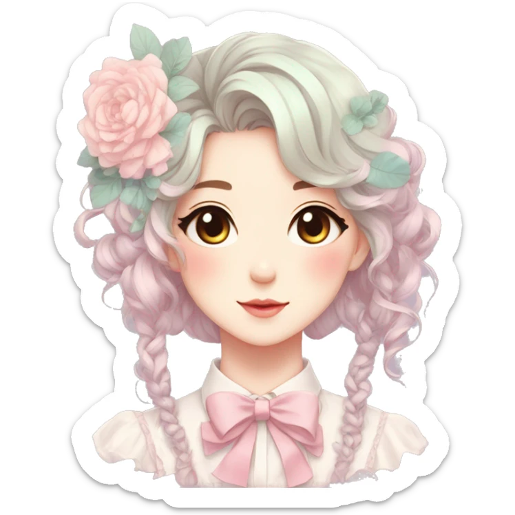 Gorgeous pastel anime style lady with blushing face and flowers and laces and bow ties and pretty hair aesthetic trending style sticker