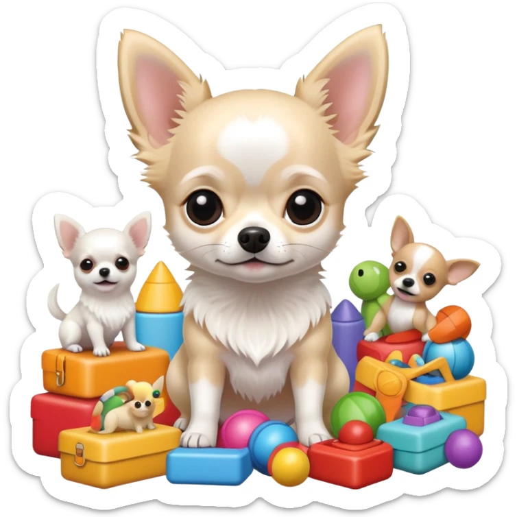 Beautiful white hairy chihuahua surrounded by a lot of toys sticker